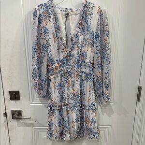 Blue and Pink Ruffled Tie Front Sundress with Bishop Sleeves